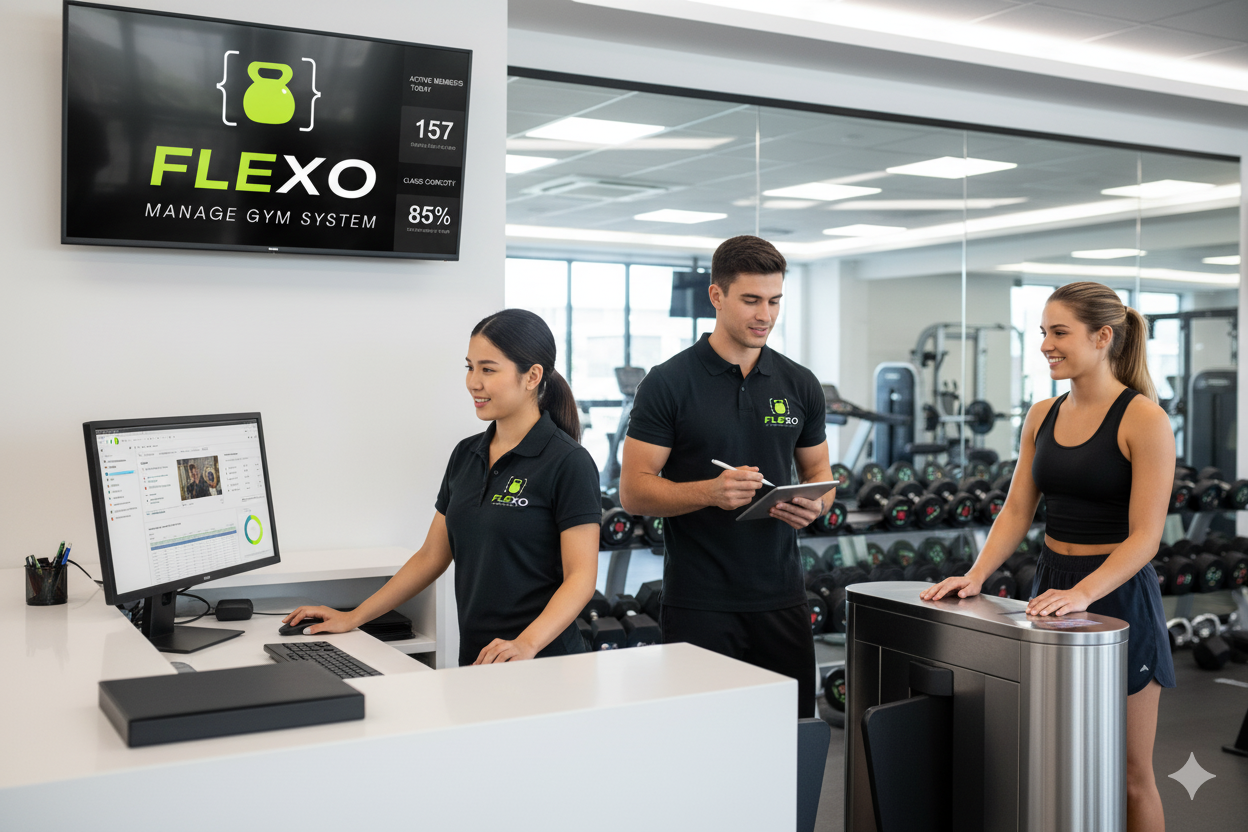 Recepcionistas de gimnasio gestionando membresías con Flexo